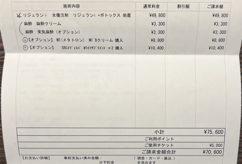 SBCのしわ取り注射の見積もり7万